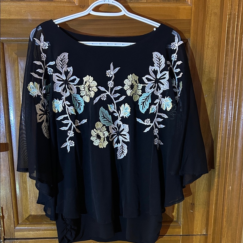 Alfani Black Top with Floral Embroidery